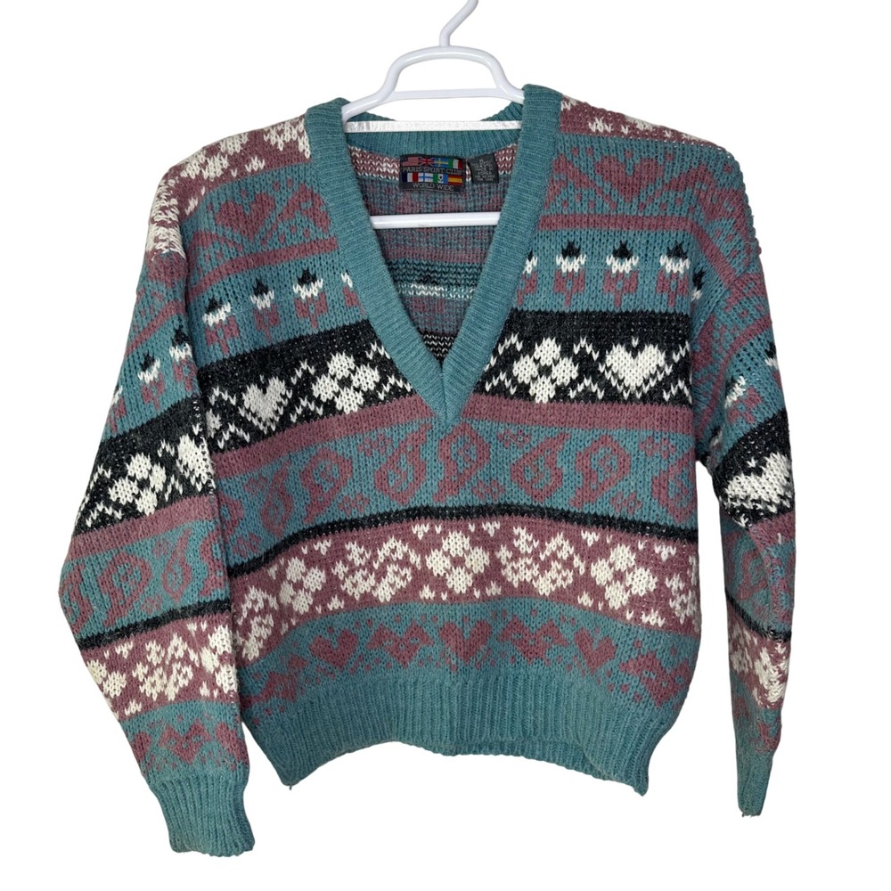 Vintage Paris Sport Club Sweater Women Small V Neck Teal Pink Geometric Knit Ski